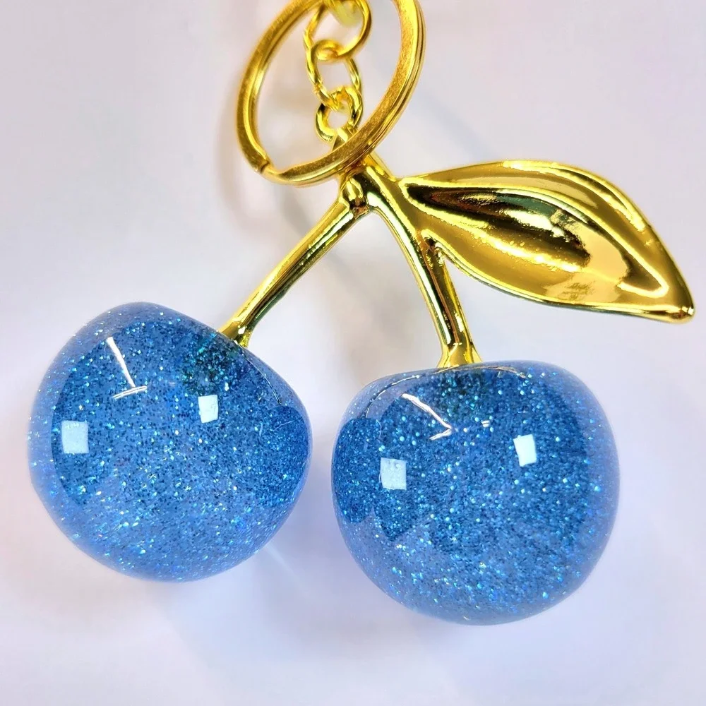 Double Cherry Bag Charm Keychain Glitter Blue Gold Coquette Festival NEW